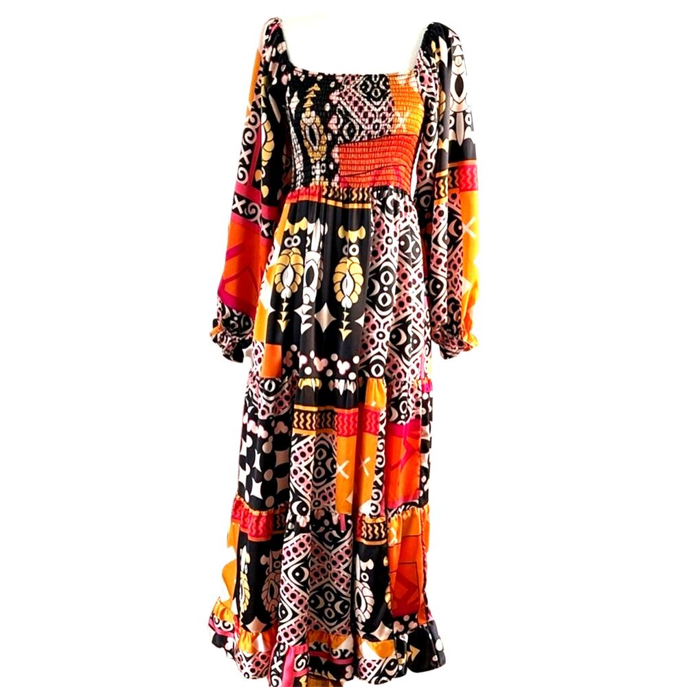 Anthro Sunday Up Boho Patchwork Maxi Dress Smocked Square Neck S EUC